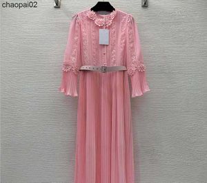 NY-S-ELF-PORTRAIT CHIFFON LACE MAXI DRESS PLEKED Pink Dress for Women