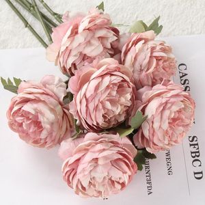 Dekorativa blommor rosa konstgjorda pioner blomma buketter västra rosor bröllop dekoration grossist heminredning torkad vit