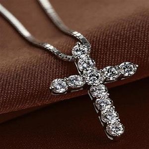 NYTT Fashion Cross Necklace Accessory Ture 925 Sterling Silver Women Crystal CZ Pendants Necklace Jewelry269y