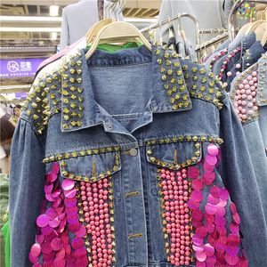 Kvinnorjackor Heavy Industry Nailed Beads Denim Short Style Jacket Women 2023 Spring and Autumn Rivet Sequins Outwear Coat 230728