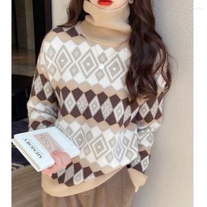 Kvinnors tröjor Turtleneck tröja Autumn and Winter Wear 2023 Loose Retro Lazy Style Thicked Pullover Top for Women