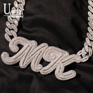 Pendant Necklaces Uwin Custom Letters Pendant Welding 16mm Moon Cuban Chain Iced Out Baguette Cubic Zircon Name Necklace Fashion Rapper Jewelry 230728