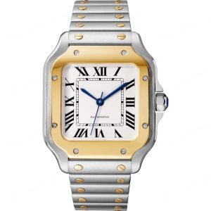 Watch Santos Designer Watch Men's Automatic Fashion Watch يحتوي على نوعين من الفولاذ والزجاج الياقوت الفولاذ المقاوم للصدأ من الفولاذ المقاوم للصدأ مناسبة لتقديم المواعدة وإعطاء الهدايا