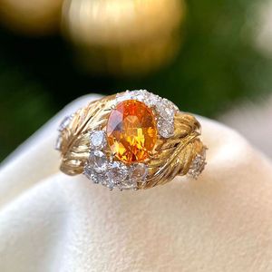 Women Luxury designer ring Feather carving Inlaid orange color moissanite Diamond Rings Jewelry gold plated girlfriend Gifts Engagement Wedding opening ring 1575