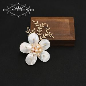 Pins Brooches GLSEEVO Natural Shell Flowers Pink Pearls Leave Brooch Trends Luxury Jewelry Vintage Wedding GO0413 230729