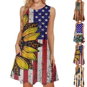 Casual Dresses Women Floral Summer Dress Independence Day Round Neck tryckt ärmlös strandfest Slim Swing Vestidos