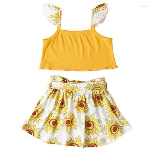 Giyim setleri 1-6 yıl bebek kızlar rahat iki parçalı kıyafetler sarı çiçek baskılı desen kolsuz üstler ve etek kız yaz 2pcs