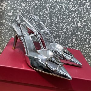 Серебряные женские туфли высокие каблуки Stiletto Женская обувь роскошная дизайнерская линия кожаная линия с новыми сандалиями Высокие свадебные туфли на 8 см 35-43 +коробка