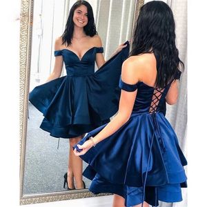 Navy Blue Homecoming Dresses A Line Off the Shoulder Tiers Real Pos Short Lady Party Dress Custom Sweet 16 Graduation Dress Lac1882