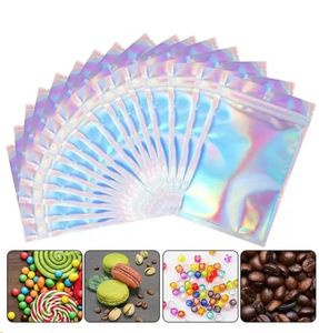 100 Pieces Resealable Smell Proof Bags Foil Pouch Bag Flat laser color Packaging Bag for Party Favor Food Storage Holographic FY4635 JY25