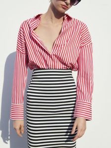 Damenblusen, rot gestreiftes Hemd, lockere Popeline-Hemden und für Frauen, schicke Button-Up-Bluse, lange Ärmel, Revers-Oberteil, weiblich