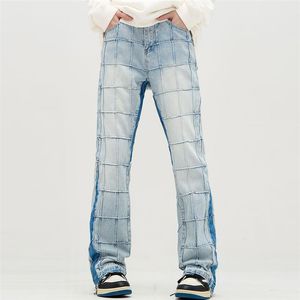 Плачковые джинсы на главной улице Прямые джинсы для мужчин и женщин. Случайные мешковатые клетчатые джинсовые брюки273O