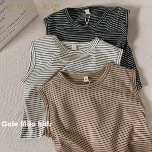 Colete Infantil Meninos Regata Verão Puro Algodão Sem Mangas Meninas Camiseta Listrada Roupas Infantis Outwear Bebê Retrô 230728