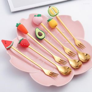 Наборы посуды наборы из нержавеющей стали Spoon Fork Cartoon Fruit Macaron Dessert Spoons Forks Kids Set Kitchen Accessories