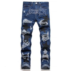 Мужские джинсы панк стиль синие джинсы вышиваемные джинсы, вышиваемая пеленка с прямой ногой брюки Hip Hop Fashion Applique 230729