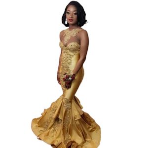 Sexig guldspets Applique Mermaid Prom Dresses African Beaded Neck Manthing Evening Dress Long Formal Party Pageant Gowns