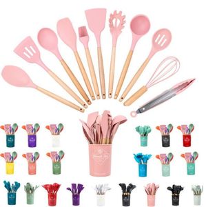 Silicone Kitchen Cooking Utensil Set 12 Pieces Cooking with Wooden Handles Holder for Nonstick Cookware Spoon Soup Ladle Slotted Whisk Tongs Brush Pasta Server 0729