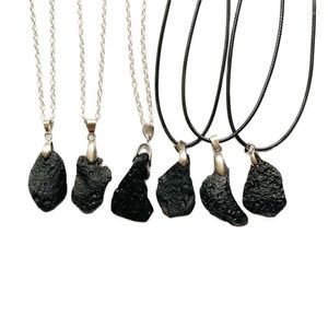 Pendant Necklaces Black Meteorite Stone Necklace Natural Healing Point Cord Chain Graphite Meteorites Jewelry 1pc
