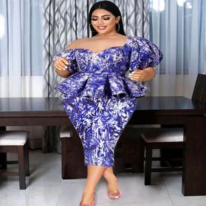 Plus Size Kleider Farbstoff für Frauen Blau Schößchen Midi Kurze Puffärmel Roben Sexy Vintage Elegante Damen Print Cocktail Event KleiderPlu242K