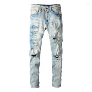 Jeans masculino de alta qualidade azul fino desgastado streetwear letras bordadas padrão dano magro calças rasgadas elásticas para homens