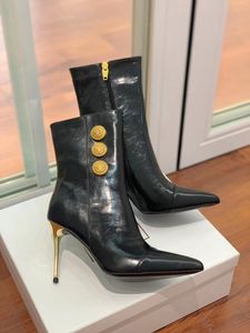 2023 Fashion Pointed Cross Luxury Metal Round Buckle Short Boots Designer Style High Quality Genuine Leather Comfortable, Anti slip, Durable 10.5cm High Heels