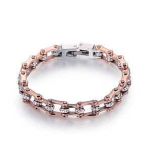 High Quality Motorcycle Chain Bracelet For Women IP Rose Gold Crystal 316L Stainless Steel Bike Chain Bracelet 10mm193v
