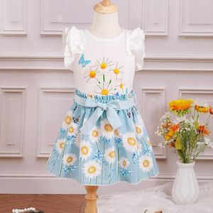 衣料品セット幼児の女の子の夏の2つのピース服を袖なしフリルフローラルバタフライパターントップと弓タイスカート2 3 4 5 6年