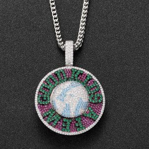 Charms isade ut AFGK Rotertable Earth Round Necklace 3A CZ Stone Paved Bling Letters Pendants Necklace For Men Rapper Hip Hop Jewelry 230728