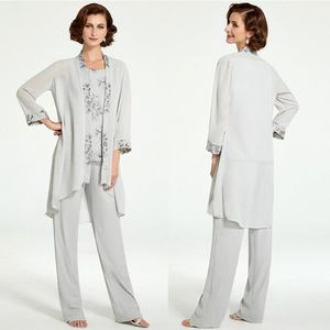 Silver Flowy Chiffon Mother of Bride Pant Suits Juvel Neck Appluques spets Långjacka Tre stycken Groom Mors formella bröllopsfest slitage