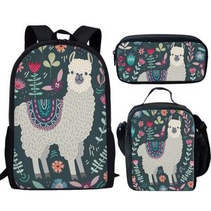 Okul çantaları belide komik alpaca tasarımı 3pcs teen kızlar için set okul çantası sırt çantası öğrenci kitap çantası mochila infantil 230729