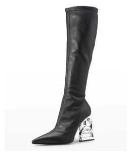 Vintermärken Keira Pop Heel Leather Boots Baraque Heels Silver-Tone Logo Lettering Long Knee Boot Black Stretch Leather Pointed Toe Booty Autumn Winter EU35-43