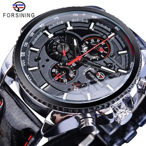 Forsining Watch Men Sport Mechanical Wristwatch Automatic Self-Wind Clock Date 3 Dials Shiny Leather Business Waterproof Relogio279G