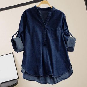 Women's Blouses Loose Fit Long Sleeve Top Stylish Denim Shirt Small Stand Collar V-neck Buttons For Fashionable
