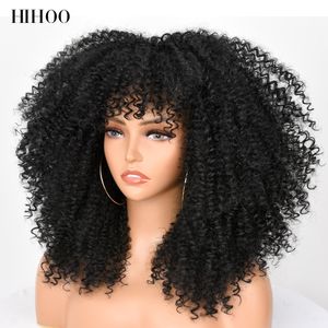 Cosplay S 16''Short Hair Afro Kinky Curly med lugg för svarta kvinnor Lolita syntetiska naturliga Glueless Brown Mixed Blonde 230728