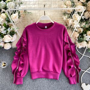 Felpe con cappuccio da donna Foamlina Chic Ruffles Zipper Felpa a maniche lunghe Moda coreana Donna allentata Casual Streetwear Top autunnali