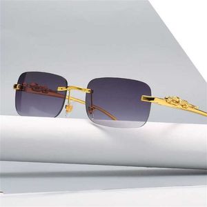 56% rabatt på grossist av solglasögon vintage Rimless Square Solglasögon Kvinnor Män lyx varumärkesdesigner Populära resor Kör Metal Leopard Head Sun Glasses UV400