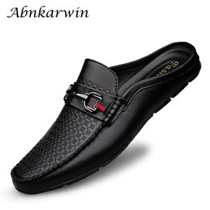 Dress Shoes Luxury Brand Designer Summer Genuine Leather Casual Slip On Half For Men Loafers Flats Slippers Narrow Thin Foot 230728