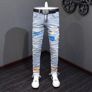 Jeans Masculino High Street Moda Masculino Retro Azul Claro Calças Skinny Estampadas com Graffiti Hip Hop Designer Calças Denim Hombre