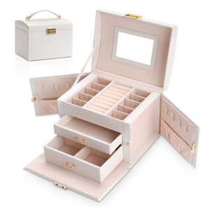 Jewelry Boxes Box Organizer Display Storage Case Holder With Two Layers Lock Mirror Women Girls Leather For Earrings Rings Necklaces Dhadz