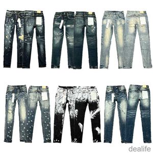 Designer lila mens jeans high street America jean för män broderi byxor överdimensionerad rippad lapp hål denim 2023 mode streetwear mager smal blyerts 5z8b