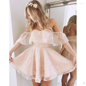 Party Dresses 2023 Short Ruffle Lace Prom Homecoming Dress Pearl Pink Off the Shoulder Cooktail