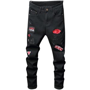 Mens Black Jeans Fashion Hip Hop Skinny Printed Pattern Elastic Denim Trousers Casual midja Jogging Pencil Pants 210716