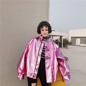 Women's Jackets Flash Sale Autumn Women Street Loose Metal Color Silver Pink Stand Neck Coat Punk Party Fashion Jacket Limited Supply 230728