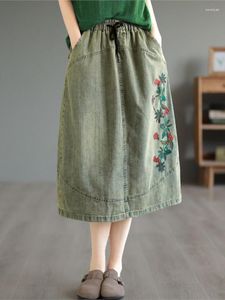 Skirts Retro Women Embroidery Denim Skirt 2023 Summer Autumn Elastic Waist Drawstring Spliced Slim-type Casual