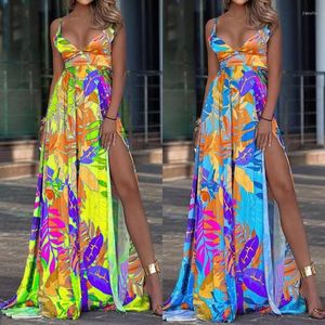 Vestidos Casuais Alça Decote em V Cintura Alta Estampa Floral Fenda Longo Maxi Vestido de Férias Roupas Verão Feminino Moda Espartilho Boêmio