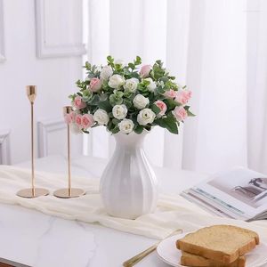 Decorative Flowers Beautiful Bouquet Of Roses Pink Silk Artificial Fake Rose Buds Wedding Home Living Room Dining Table Decoration