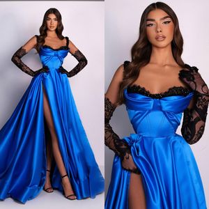 Elegant A Line Blue Evening Dresses Straps Party Prom Dress Split Sweep Train Long Dress for special occasion
