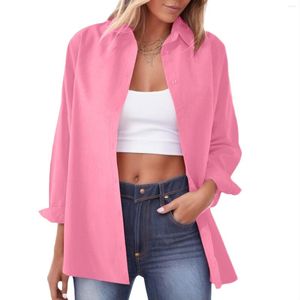 Kvinnor Bluses Basic Candy Colors Shirt Vackert med krage 2023 Summer Pink Button Up Shirts Overdimased Long Sleeve Tops