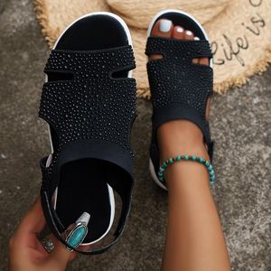 Water 296 Sandals Diamond Buckle Comfortable Flat Bottom 2024 Summer Women's Breathable Elastic Fashion Beach Shoes