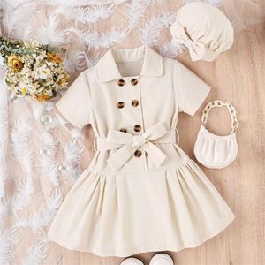 Flickaklänningar Little Child Girls 'Summer Solid Color Lapel Cardigan Double Breasted Toddler Cold Shoulder Dress Cute Baby Outfits